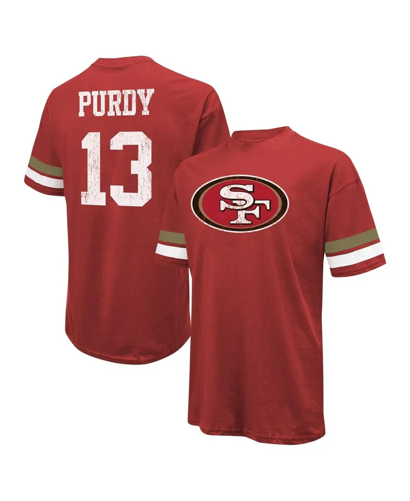 Men's Majestic Threads Brock Purdy Scarlet Distressed San Francisco 49ers Name and Number Oversize Fit T-shirt