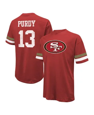 Men's Majestic Threads Brock Purdy Scarlet Distressed San Francisco 49ers Name and Number Oversize Fit T-shirt