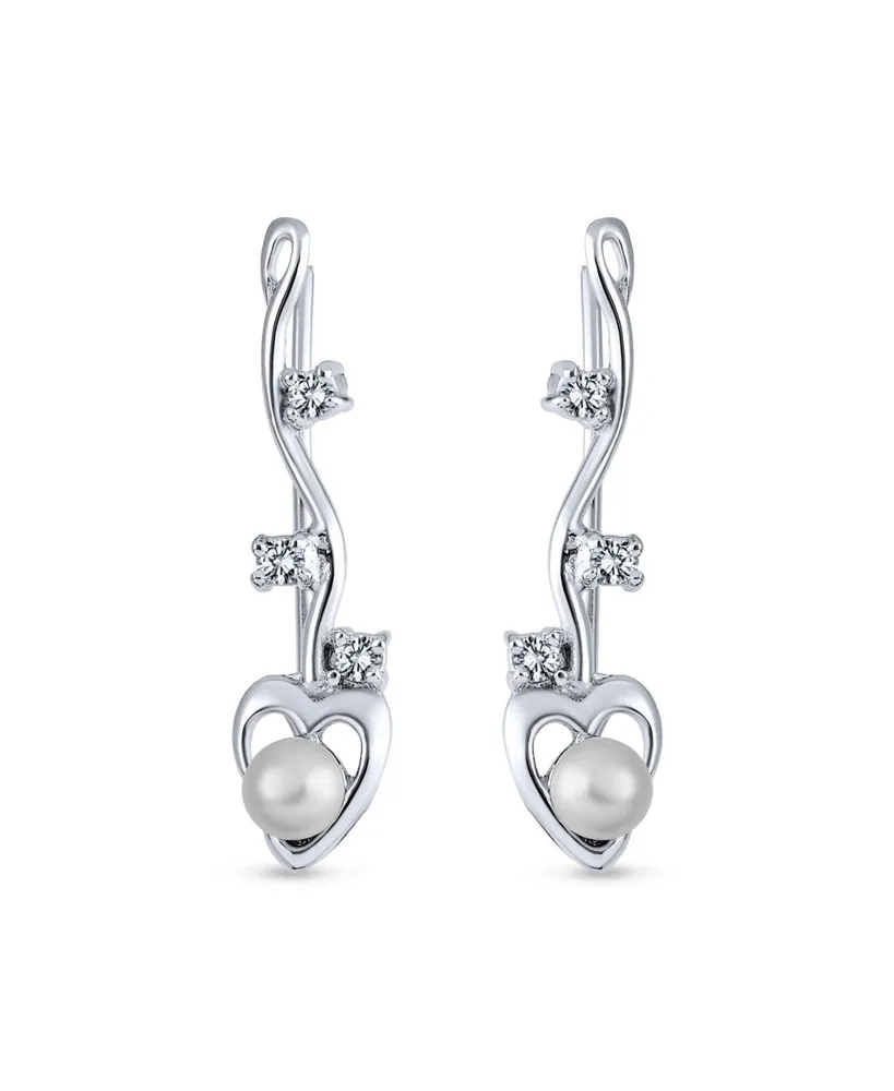Bling Jewelry Heart White Freshwater Cultured Pearl Wire Ear Pin Climbers Earrings Round Crawlers Sterling Silver