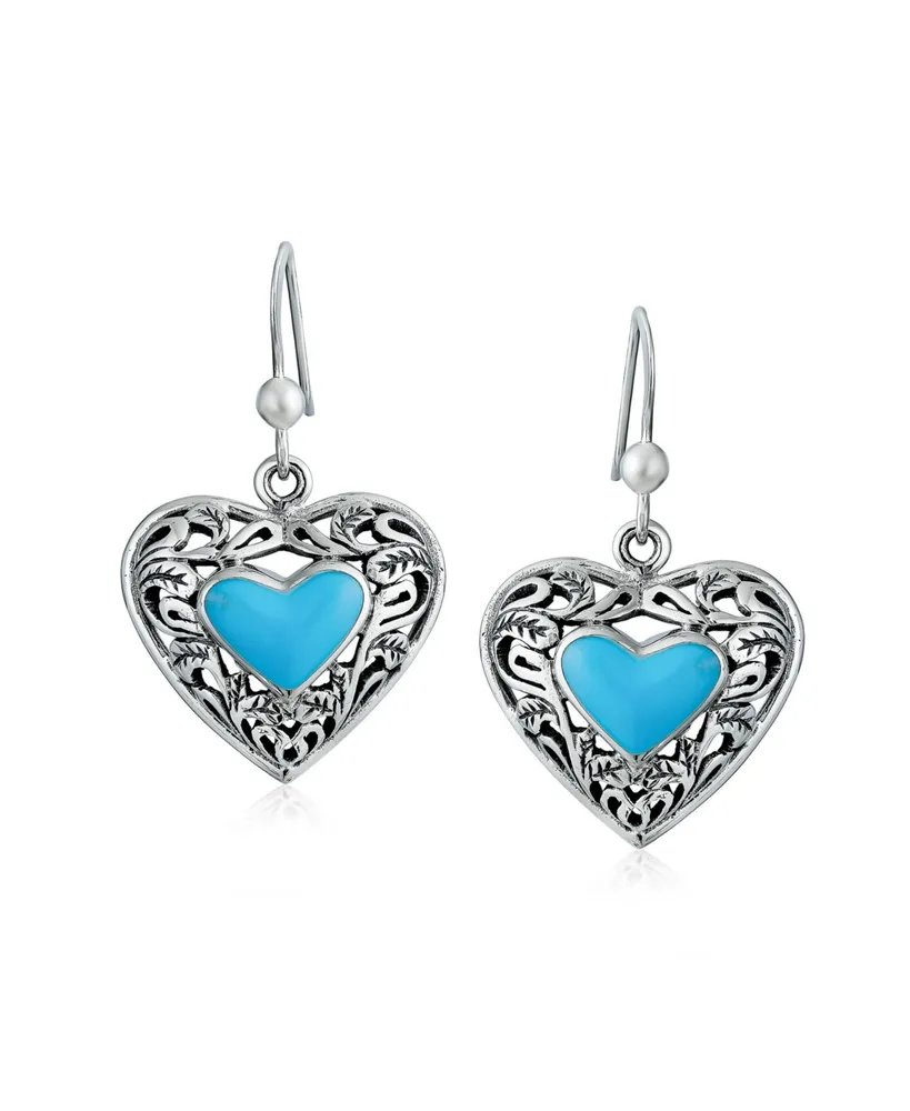Bling Jewelry Boho Bali Style Scroll Filigree Blue Natural Turquoise Heart Shaped Dangling Earrings Oxidized Sterling Silver Fish Hook