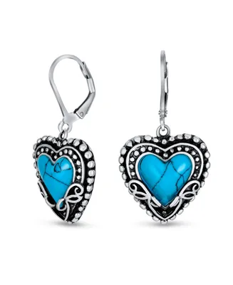 Bling Jewelry Boho Bali Style Scroll Filigree Blue Natural Turquoise Heart Shaped Dangling Earrings Oxidized Sterling Silver Lever back
