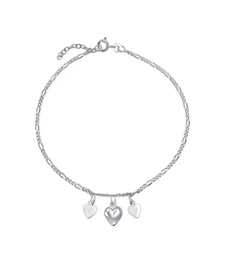 Bling Jewelry Three Multi Dangling Hearts Charms Anklet Ankle Figaro Bracelet Sterling Silver Adjustable 9 To 10 Inch With Extender