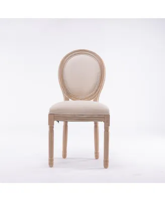 French Style Solid Wood Frame Antique Painting Linen Fabric Oval Back Dining Chair, Set Of 2, Cream