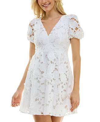 Juniors' Embroidered Puff-Sleeve Dress