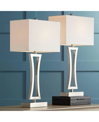 Roxie Modern Table Lamps 31" Tall Set of 2 Brushed Nickel Silver Metal Off White Fabric Rectangular Shade for Bedroom Living Room House Bedside N