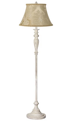 Traditional Vintage like Shabby Chic Standing Floor Lamp 60" Tall Antique White Washed with Ivory Brocade Fabric Bell Shade Decor for Living Room Read