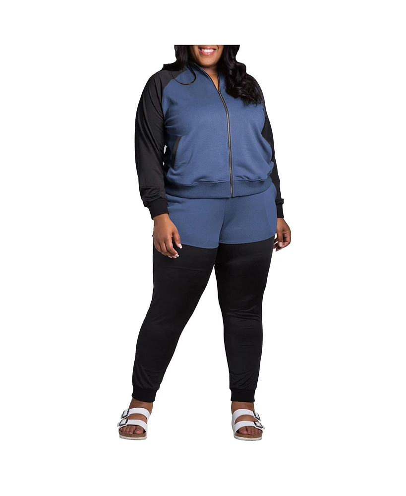 Women's Plus Curvy Fit Zip Up Contrast Blocked Sweatshirt Jacket