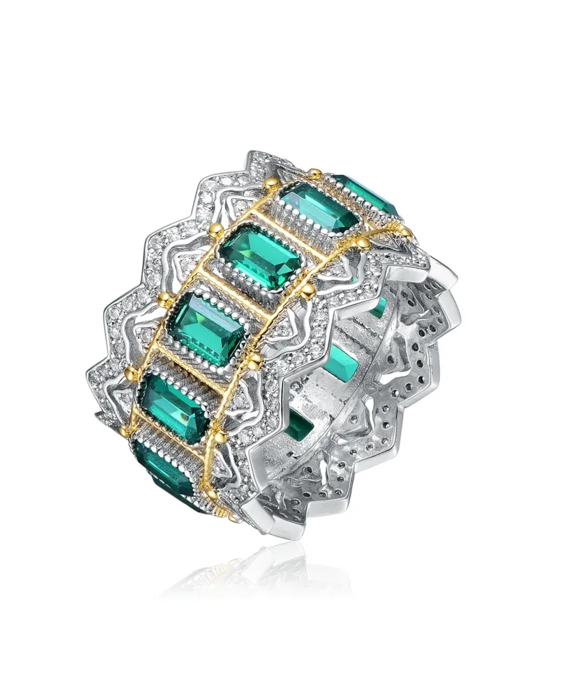 Sterling Silver Tow Tone Plated Green Cubic Zirconia Coctail Ring
