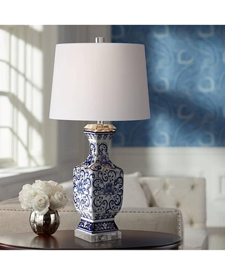 Iris Vintage like Asian Chinese Style Table Lamp 28" Tall Porcelain Blue Floral Jar Geneva White Drum Shade Decor for Living Room Bedroom House B