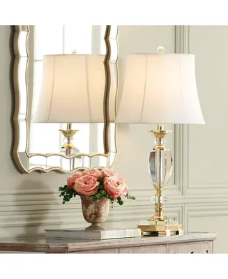 Traditional Table Lamp 31" Tall Brass Gold Faceted Clear Crystal White Flared Bell Fabric Shade for Bedroom Living Room Nightstand Bedside Office Hous