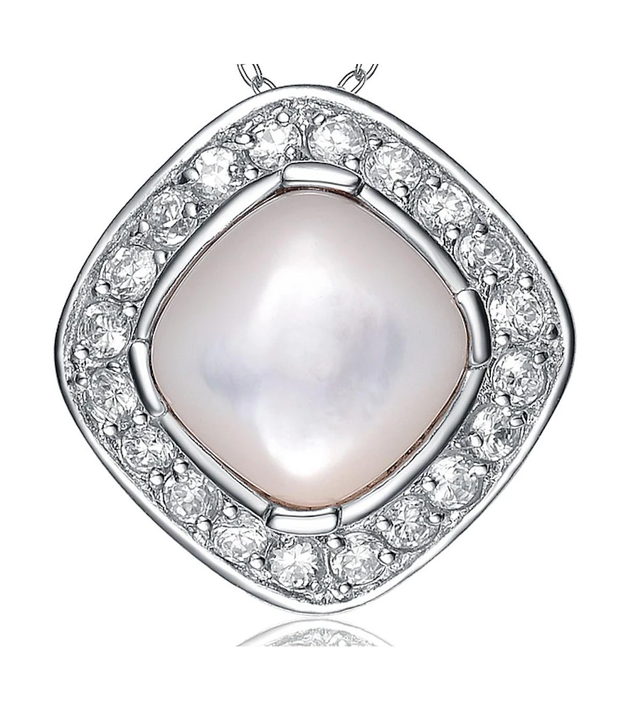 Sterling Silver White Cubic Zirconia Around Faux Pearl Oval Pendant