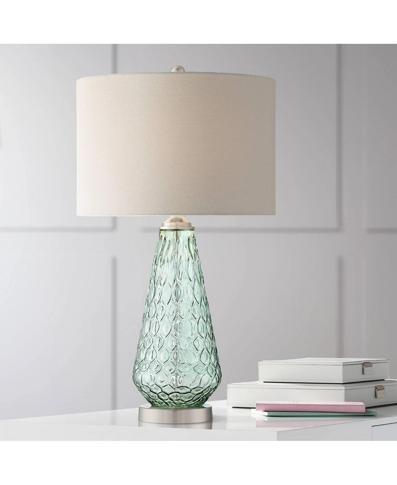 Julia Modern Coastal Table Lamp 26.5" High Textured Seafoam Green Glass Brushed Nickel Silver Off-White Drum Shade for Living Room Bedroom Beach