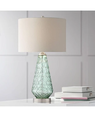 Julia Modern Coastal Table Lamp 26.5" High Textured Seafoam Green Glass Brushed Nickel Silver Off-White Drum Shade for Living Room Bedroom Beach