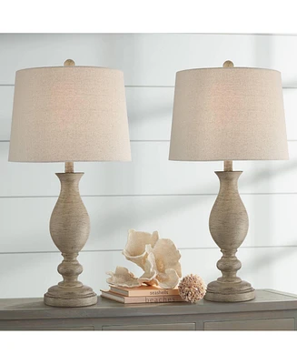 Regency Hill Serena Country Cottage Natural Traditional Table Lamps 27.5" Tall Set of 2 Cream Beige Gray Faux Wood Oatmeal Drum Shade for Living Room