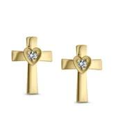 Bling Jewelry Tiny Minimalist Religious Christian Catholic CZ14K Gold Screw back Heart Cross Stud Earrings For