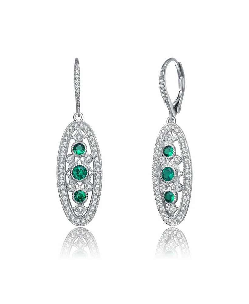 Sterling Silver White Gold Plated with Colored Cubic Zirconia Oval Drop Earrings