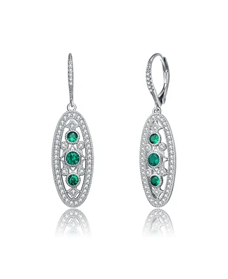 Sterling Silver White Gold Plated with Colored Cubic Zirconia Oval Drop Earrings