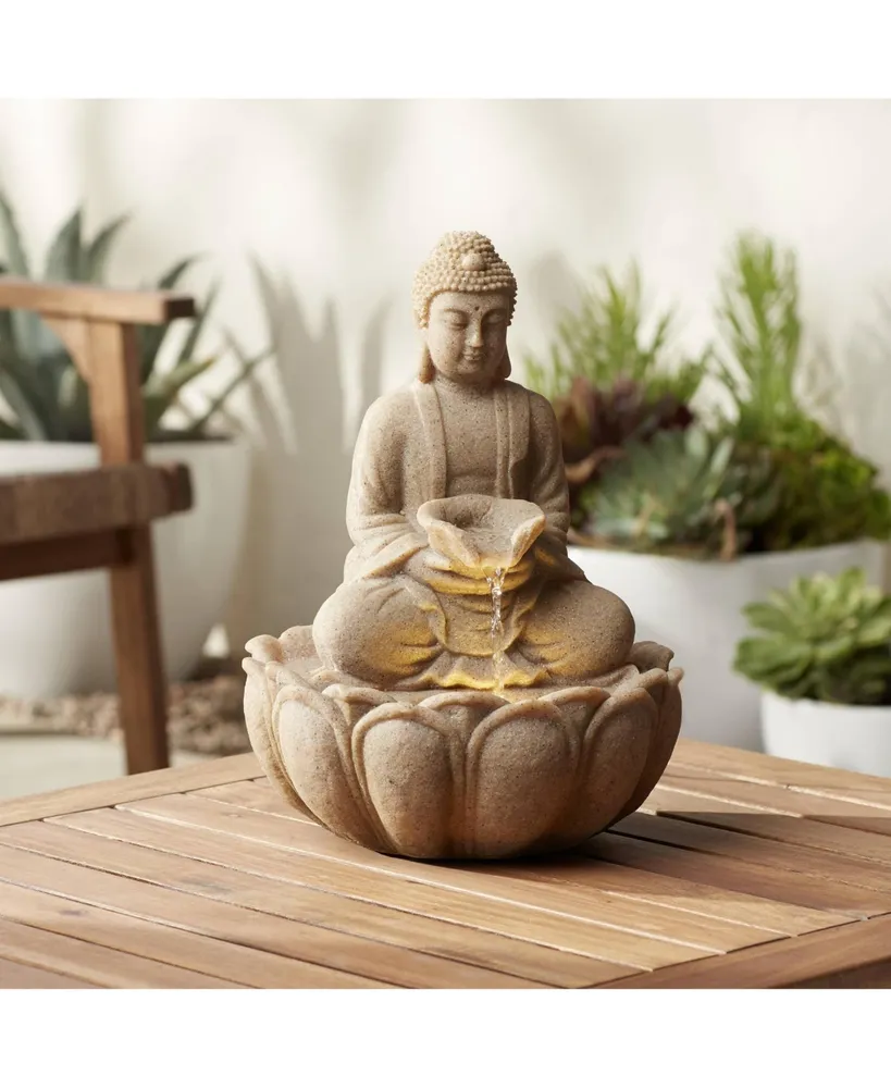 Calm Buddha 14" High Small Zen Asian Indoor Outdoor Decor Sand Stone Tabletop Fountain with Light Led Waterfall Water Feature for Outside Garden