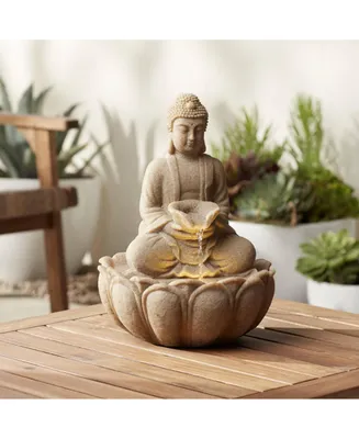 Calm Buddha 14" High Small Zen Asian Indoor Outdoor Decor Sand Stone Tabletop Fountain with Light Led Waterfall Water Feature for Outside Garden