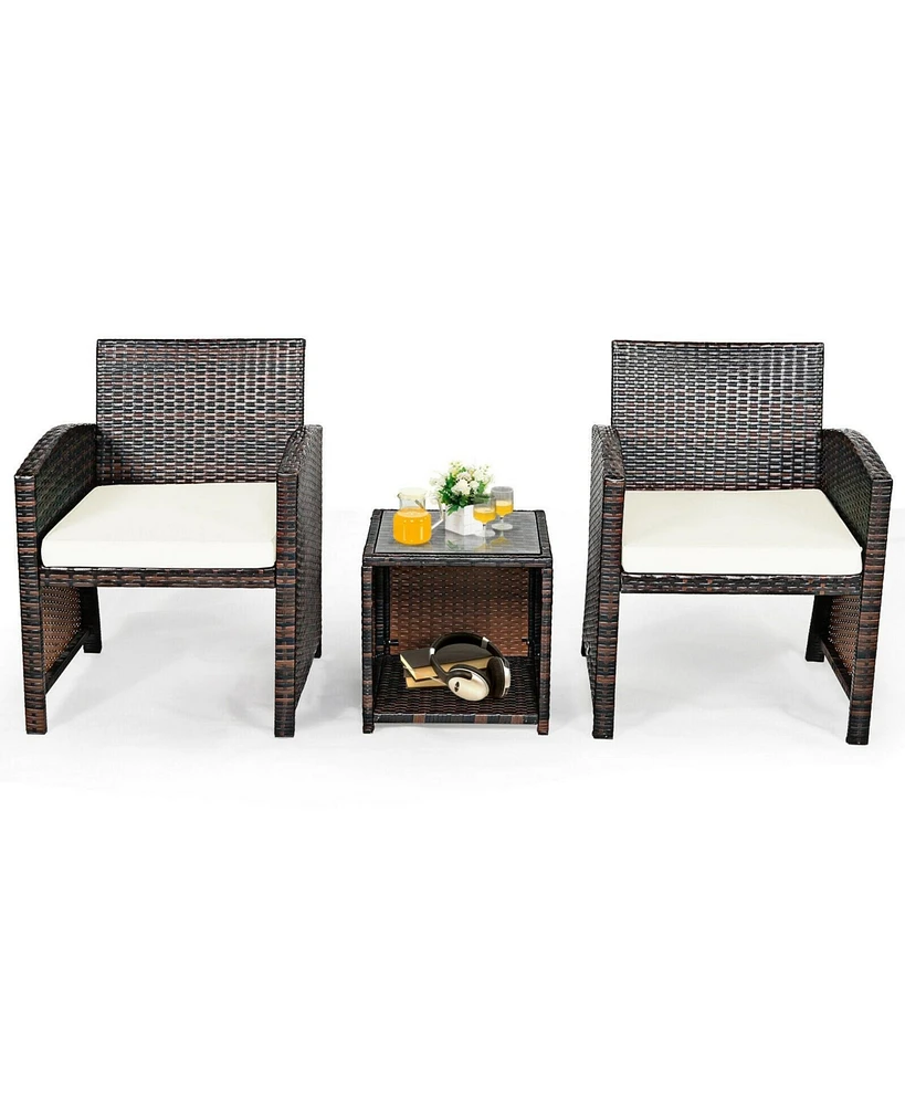 3 Pieces Pe Rattan Wicker Furniture Set with Cushion Sofa Coffee Table for Garden