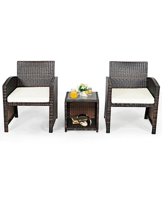 3 Pieces Pe Rattan Wicker Furniture Set with Cushion Sofa Coffee Table for Garden