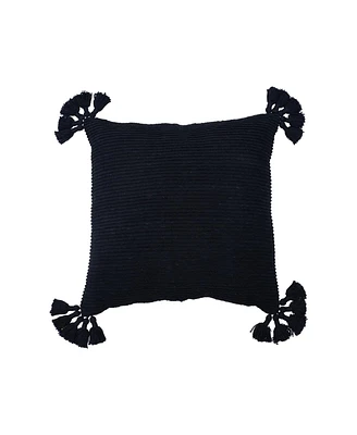 Newport Onyx Textured Throw Pillow Black Solid Color With Tassels Luxury Decorative Accent Covers For Couch And Bed
