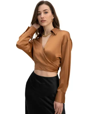 Lilysilk Women's Pure Silk Blouse Wrapover Cropped Shirt