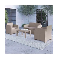 Ava 4 Piece Faux Rattan Patio Furniture Set With 2 Chairs And Love Seat With Removable Cushions And Table