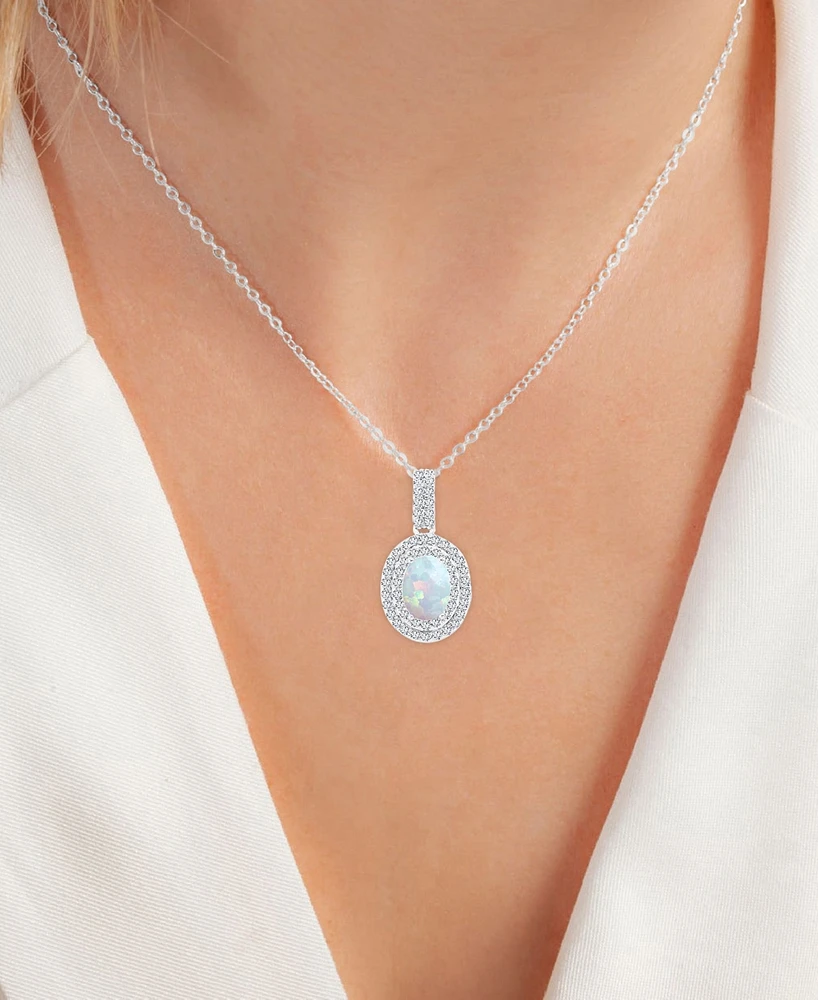 2-Pc. Set Lab-Grown Opal (1-1/6 ct. t.w.) & Lab-Grown White Sapphire (1 ct. t.w.) Oval Halo Pendant Necklace & Matching Stud Earrings in Sterling Silv