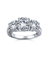 Bling Jewelry Milgrain 4CTW Round Solitaire Three Stone Cz Promise Ring Silver