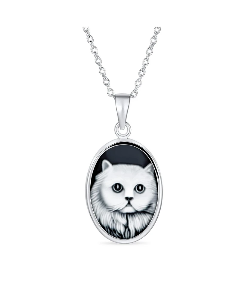 Bling Jewelry Antique Style Black Cz Sitting White Grey Kitten Kitty Cat Portrait Cameo Pendant Necklace Sterling Silver
