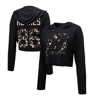 Women's Majestic Threads Jack Hughes Black New Jersey Devils Leopard Print Name and Number Cropped Pullover Hoodie