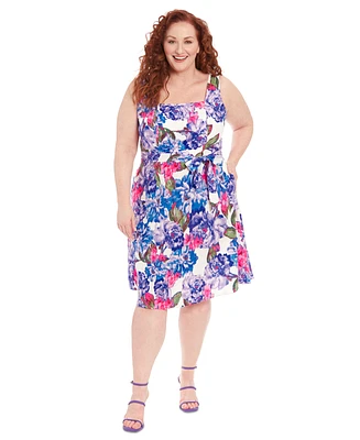 London Times Plus Size Floral-Print Square-Neck Dress