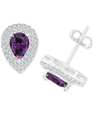 Amethyst (1-1/5 ct. t.w.) & Lab-Grown White Sapphire (1/2 Pear Halo Birthstone Stud Earrings Sterling Silver (Also Additional Birthsto