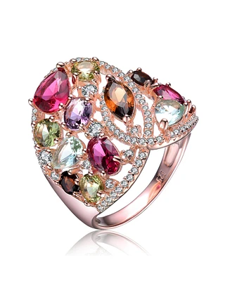 Sterling Silver 18K Rose Gold Plated Multicolored Cubic Zirconia Wide Setting Ring