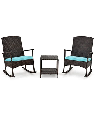 3 Piece Patio Rocking Set Wicker Rocking Chairs with 2-Tier Coffee Table