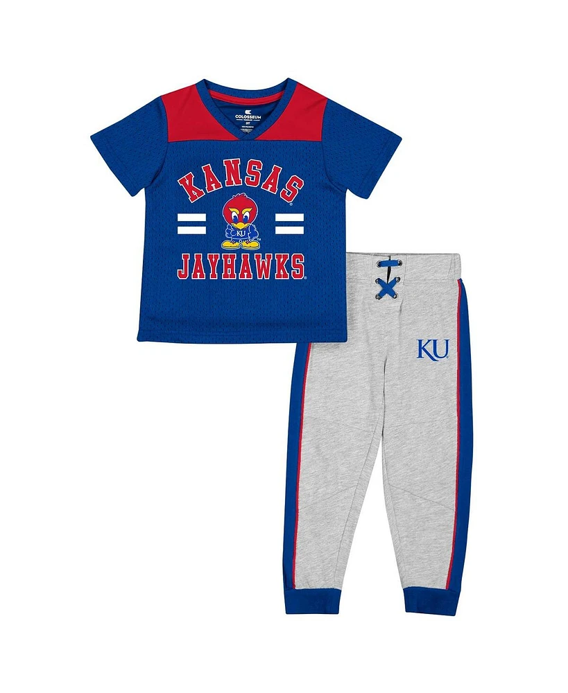 Toddler Boys and Girls Colosseum Royal, Heather Gray Kansas Jayhawks Ka-Boot-It Jersey Pants Set