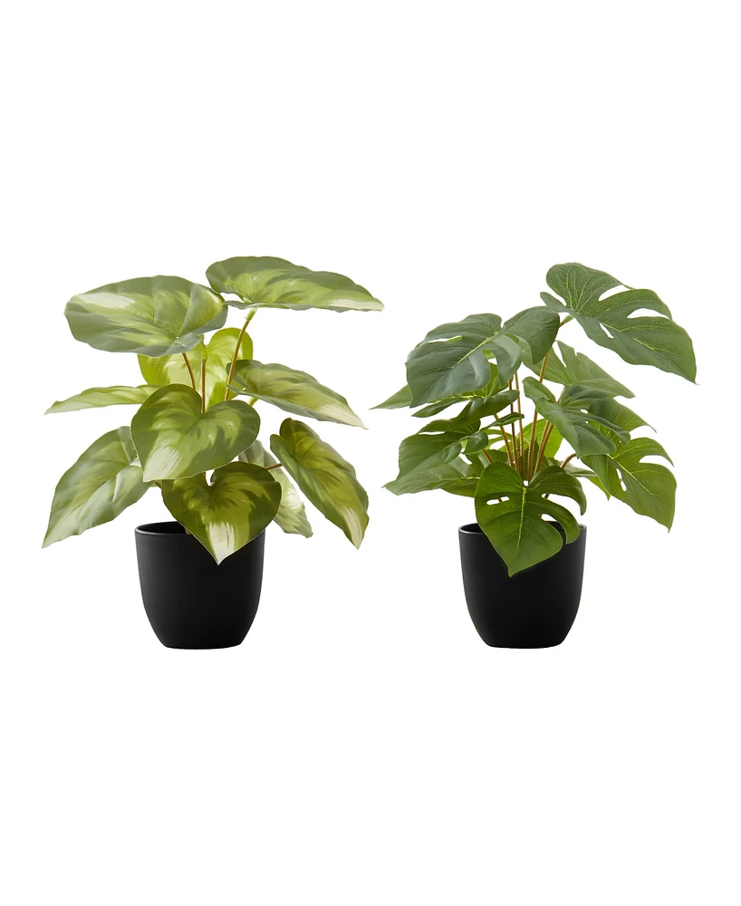 Monarch Specialties 13" Indoor Artificial Monstera Calthea Plants with Decorative Black Pots, Set Of 2