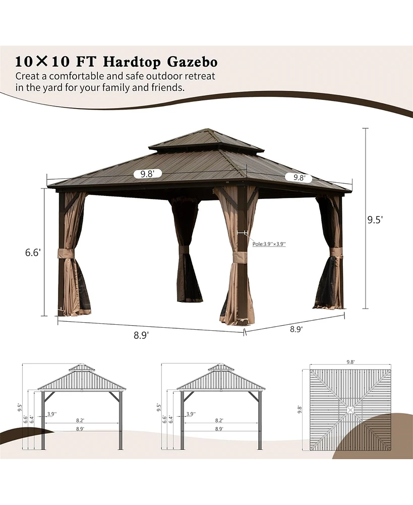10' X 10' Hardtop Gazebo, Aluminum Metal Gazebo Withnized Steel Double Roof Canopy