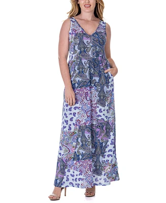 24seven Comfort Apparel Print Sleeveless V Neck Maxi Pocket Dress