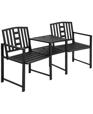 Outsunny Metal Garden Bench with Center Table and Umbrella Hole