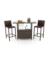 3 Pieces Outdoor Wicker Bar Set with 3 Rows Stemware Racks