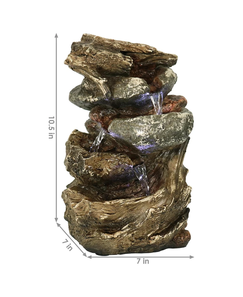 Indoor Home Decorative Tiered Rock and Log Waterfall Tabletop Water Fountain with Led Lights - 10"
