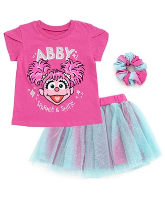 Sesame Street Toddler Girls Elmo Abby Cadabby T-Shirt Tulle Skirt and Scrunchie 3 Piece Outfit Set to