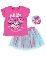 Sesame Street Toddler Girls Elmo Abby Cadabby T-Shirt Tulle Skirt and Scrunchie 3 Piece Outfit Set to