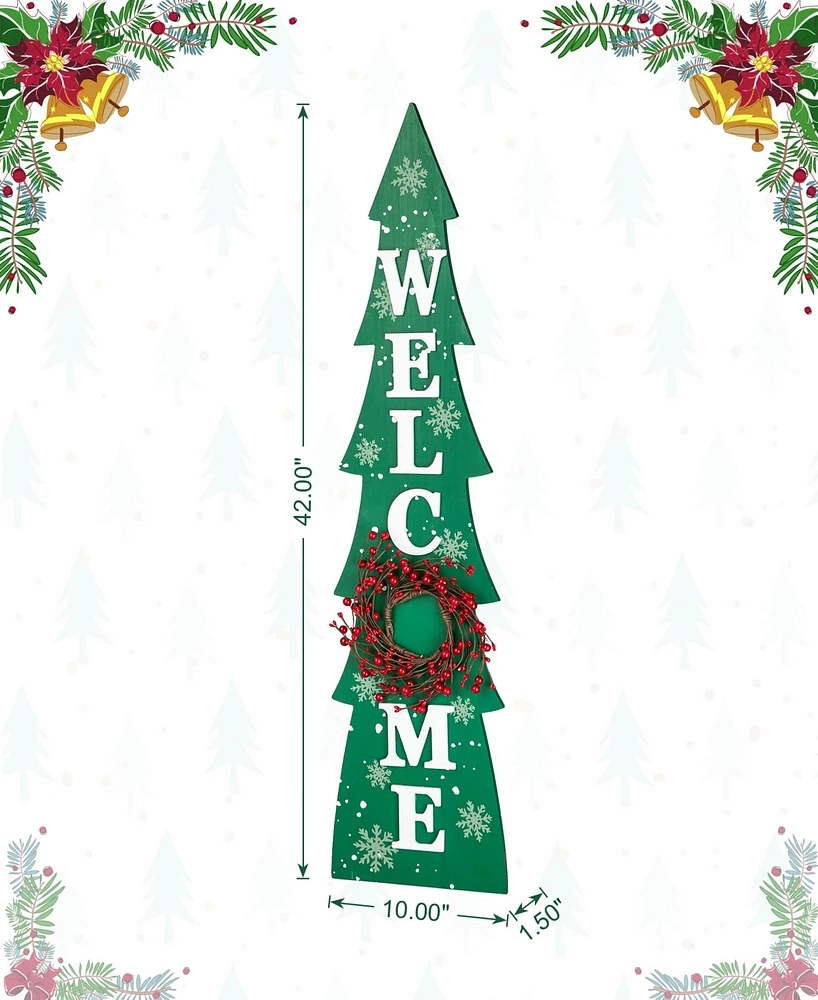 Glitzhome 42"H Christmas Wooden "Welcome" Christmas Tree Porch Sign