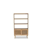 Baxton Studio Faulkner Mid-Century Modern Natural Brown Finished Wood and Rattan 2-Door Bookcase