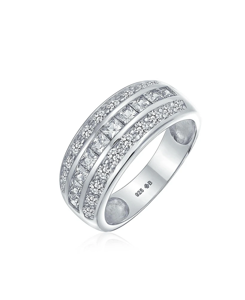 Bling Jewelry Cubic Zirconia Half Eternity Channel Set Princess Cut Cz Dome 3 Row Wide Statement Band Ring .925 Sterling Silver Comfort Fit 8MM