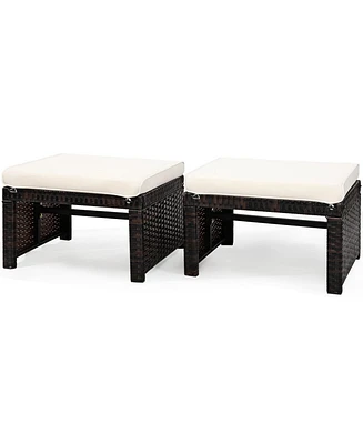 2 Pieces Patio Rattan Ottomans with Soft Cushion for and Garden