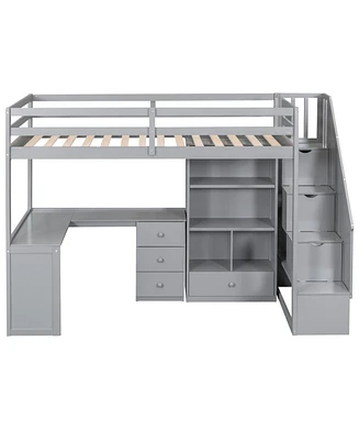 Twin Loft Bed With L-Shaped Desk And Drawers, Cabinet Storage Staircase